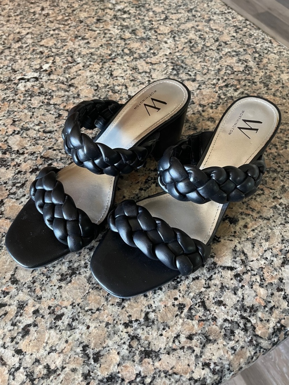 Worthington Black Braided Strap Block Heel Mules